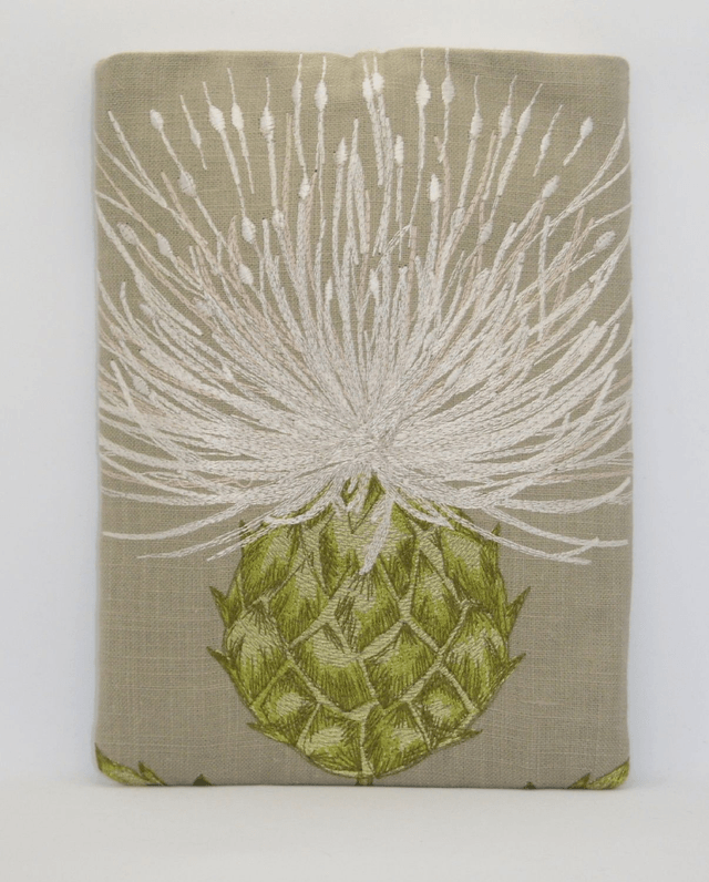 Scottish Thistle Book Protector Midi Size, Medium Embroidered Linen Foam Padded Book Sleeve with Pocket, Book Pouch, iPad sleeve