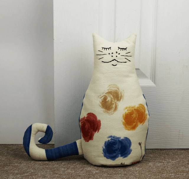 Cat Doorstop Hand Embroidered Retro Floral Fabric; Handmade Cat Bookend, Made in UK