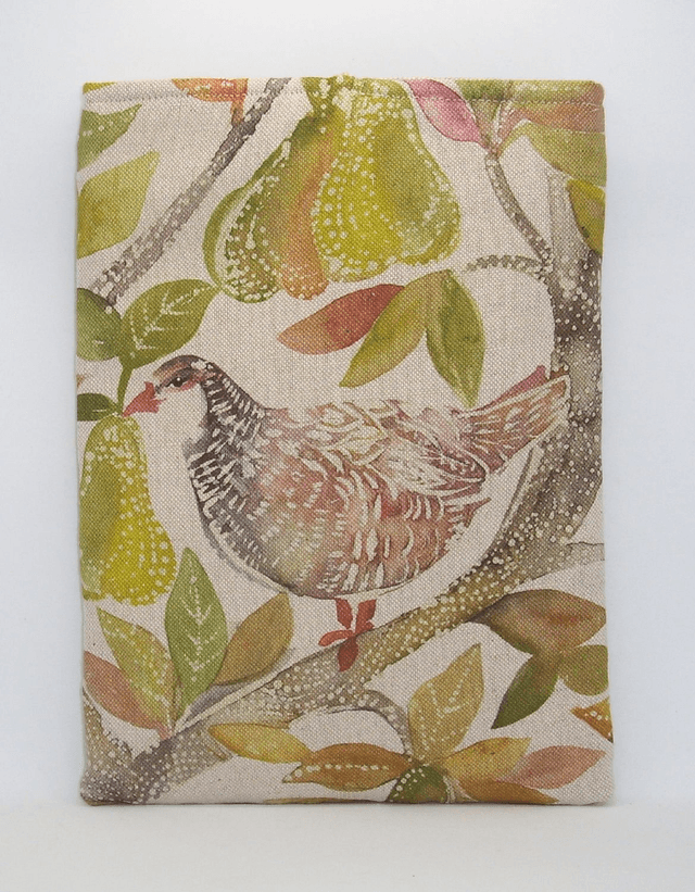 Bird Themed Padded Book Sleeve with pocket, Maxi Size Foam Padded Book Protector, Large Partridge Theme Book Pouch, iPad sleeve, Made in UK