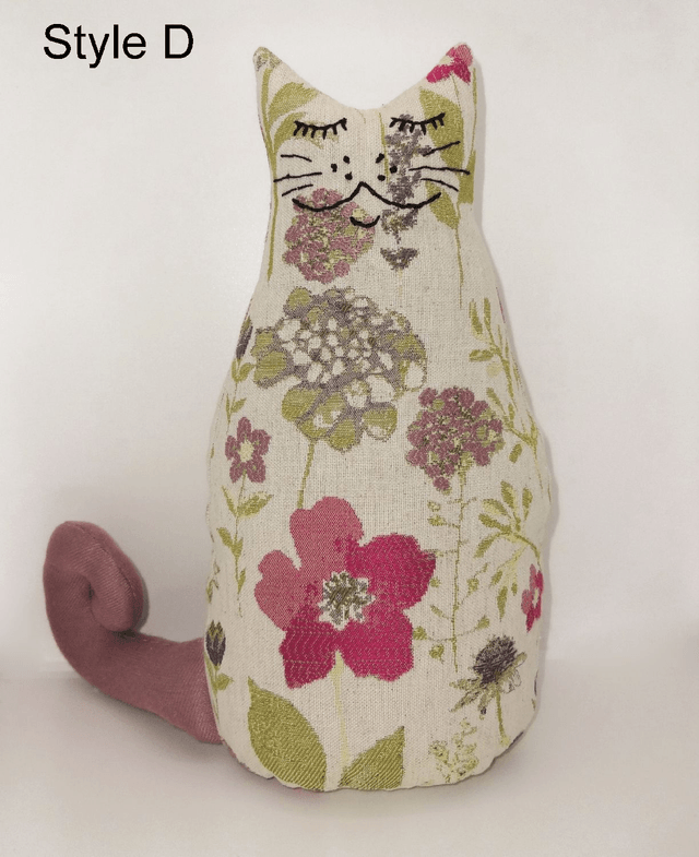Handmade Cat Doorstops, Unique Pussycat Doorstop, Tapestry Spring Flowers Fabric, Made in UK