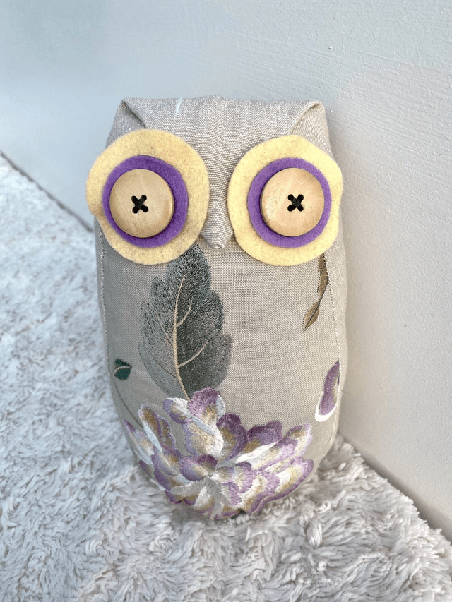 Embroidered Owl Doorstop with FREE baby Owl, Owl Ornament, Owl Bookend, Unique linen Eco Owl with Wooden Button Eyes, Made in UK, 