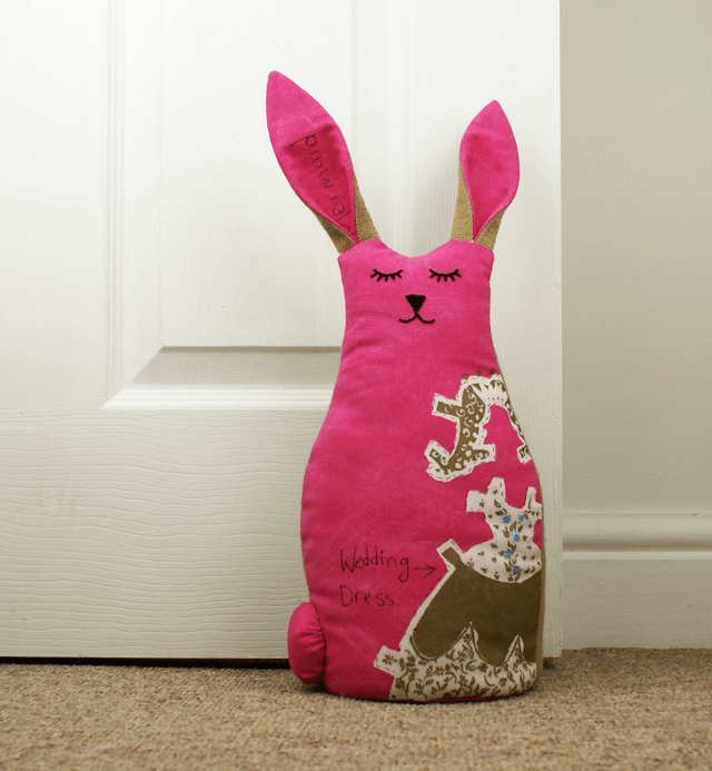 Bunny Rabbit Doorstop, Hand Embroidered Cotton Gold Metallic Print, Unique Handmade Cotton Bunny Rabbit Bookend