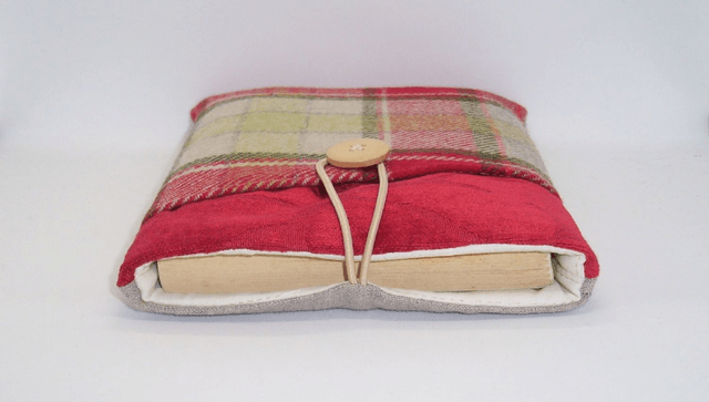 Padded Book Sleeve Embroidered Scottish Thistle and Wool Tartan with Pocket, Medium Sized Foam Padded Linen Book Protector Pouch, iPad sleeve