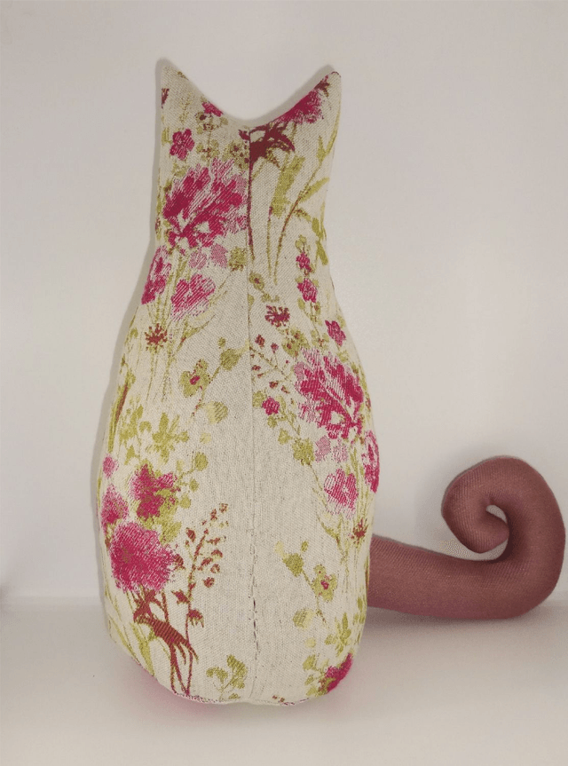 Handmade Cat Doorstops, Unique Pussycat Doorstop, Tapestry Spring Flowers Fabric, Made in UK