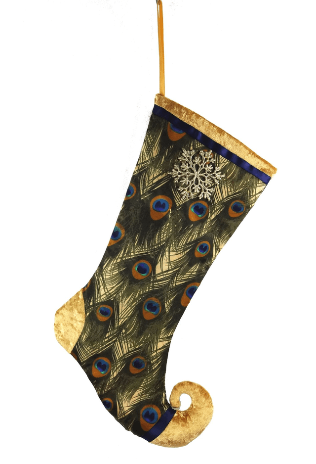 Sumptuous Satin Peacock Feather and Snowflake curly toe Christmas Stocking