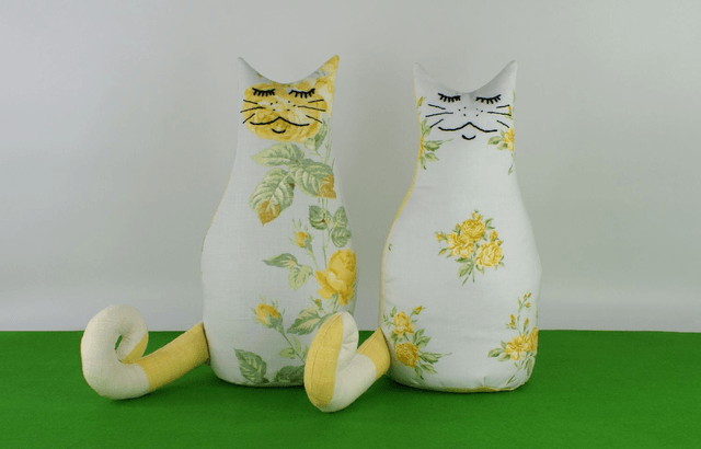 Vintage Rose Fabric Cat Doorstop, Unique hand embroidered Cat Bookend, Made in UK