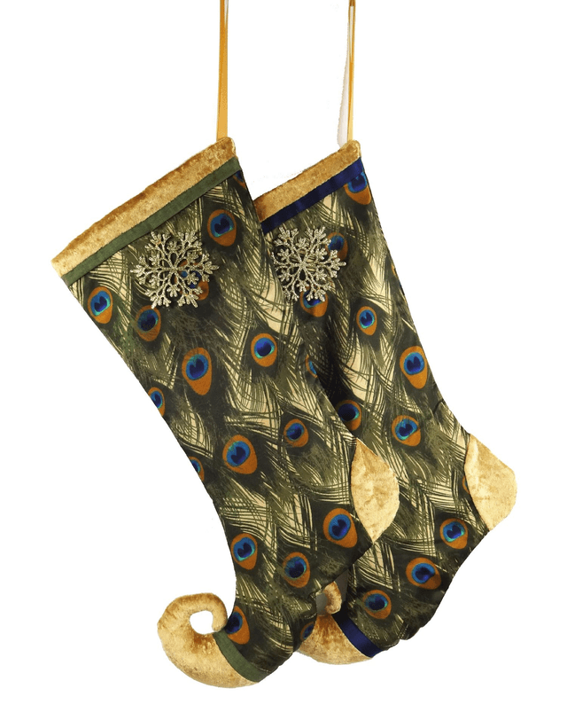 Sumptuous Satin Peacock Feather and Snowflake curly toe Christmas Stocking