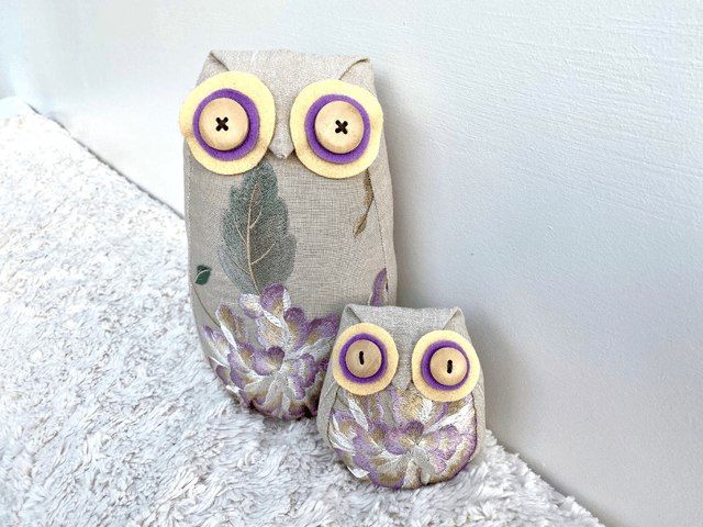 Embroidered Owl Doorstop with FREE baby Owl, Owl Ornament, Owl Bookend, Unique linen Eco Owl with Wooden Button Eyes, Made in UK, 
