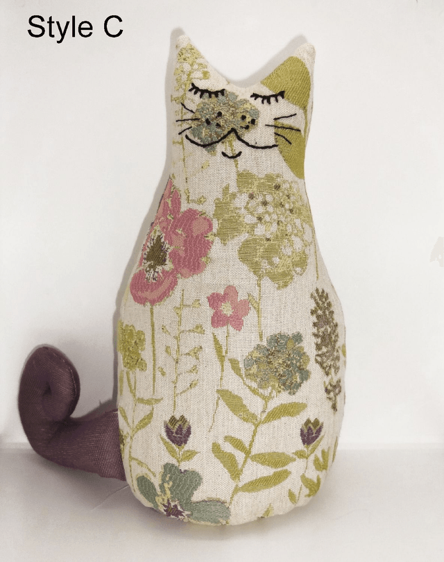 Handmade Cat Doorstops, Unique Pussycat Doorstop, Tapestry Spring Flowers Fabric, Made in UK