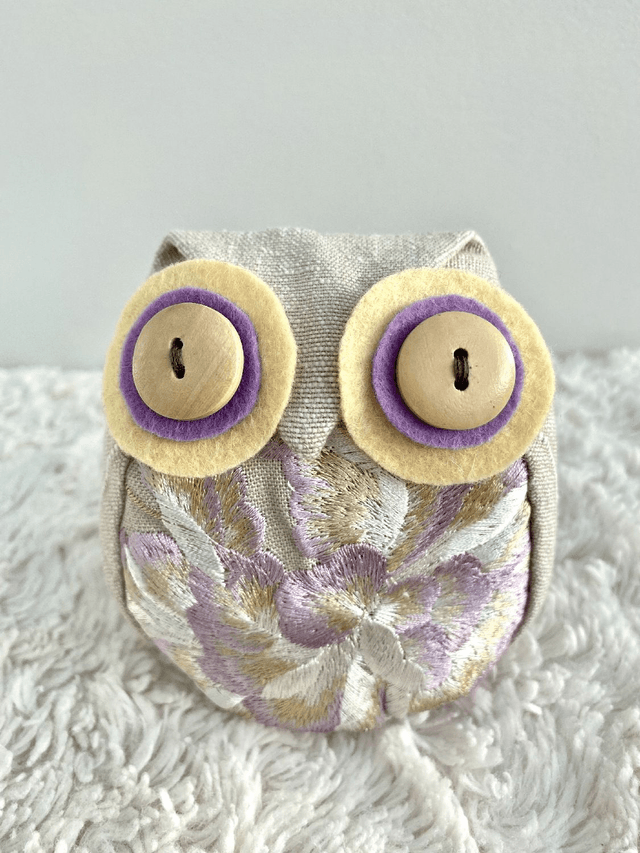 Embroidered Owl Doorstop with FREE baby Owl, Owl Ornament, Owl Bookend, Unique linen Eco Owl with Wooden Button Eyes, Made in UK, 