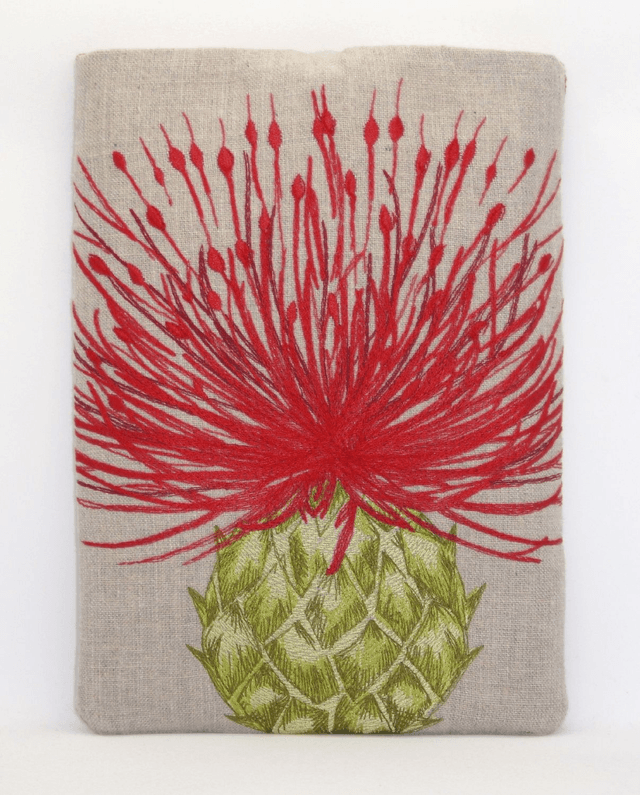 Padded Book Sleeve Embroidered Scottish Thistle and Wool Tartan with Pocket, Medium Sized Foam Padded Linen Book Protector Pouch, iPad sleeve