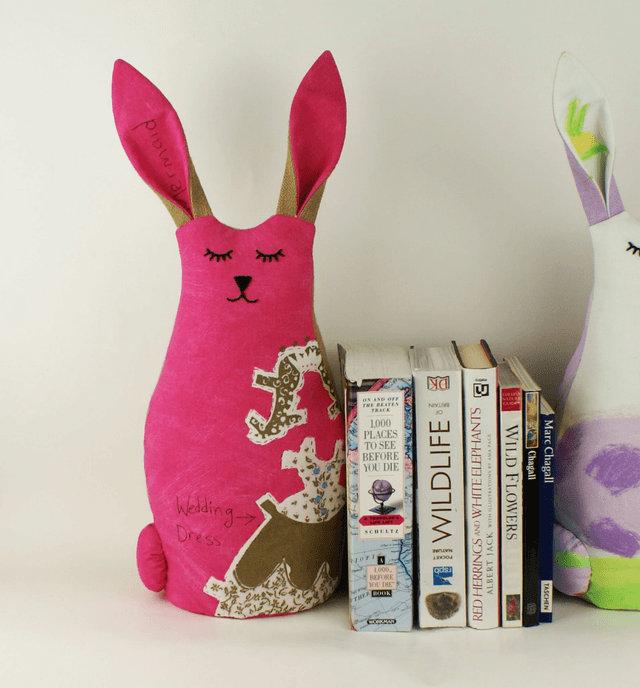 Bunny Rabbit Doorstop, Hand Embroidered Cotton Gold Metallic Print, Unique Handmade Cotton Bunny Rabbit Bookend