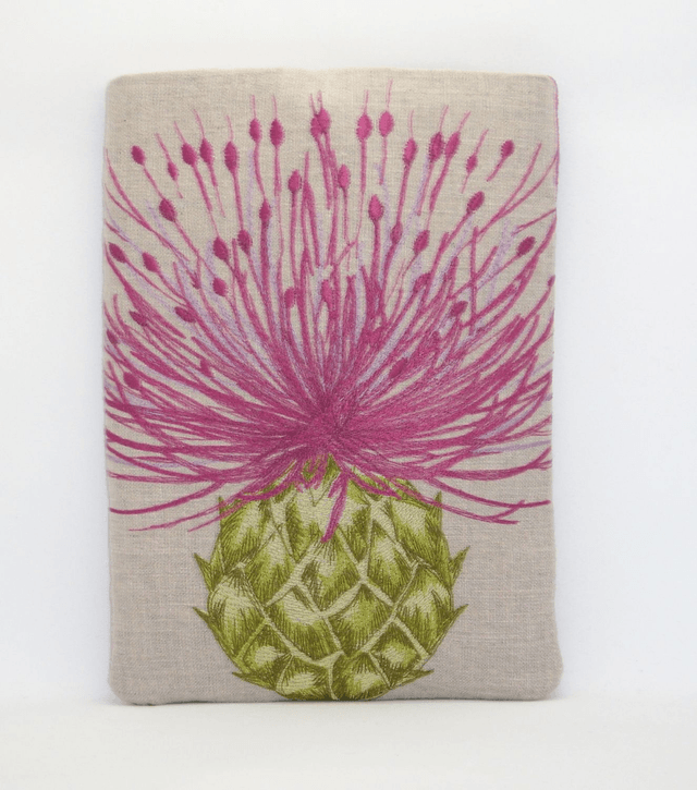 Padded Book Sleeve Embroidered Scottish Thistle and Wool Tartan with Pocket, Medium Sized Foam Padded Linen Book Protector Pouch, iPad sleeve