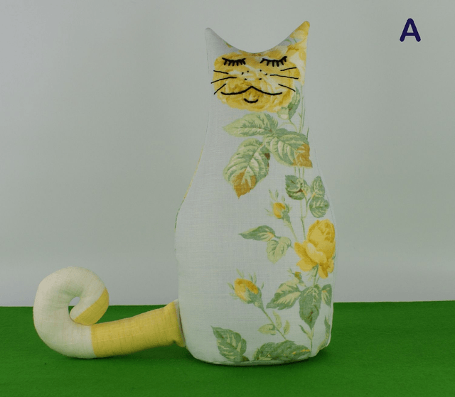 Vintage Rose Fabric Cat Doorstop, Unique hand embroidered Cat Bookend, Made in UK