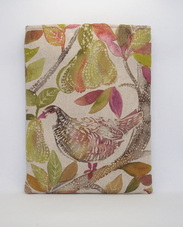 Bird Themed Padded Book Sleeve with pocket, Maxi Size Foam Padded Book Protector, Large Partridge Theme Book Pouch, iPad sleeve, Made in UK