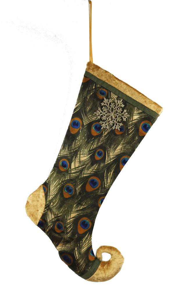 Sumptuous Satin Peacock Feather and Snowflake curly toe Christmas Stocking