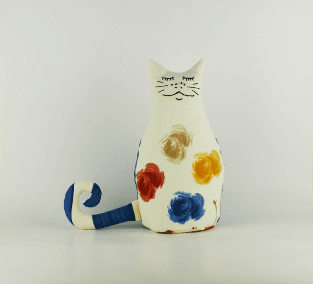 Cat Doorstop Hand Embroidered Retro Floral Fabric; Handmade Cat Bookend, Made in UK